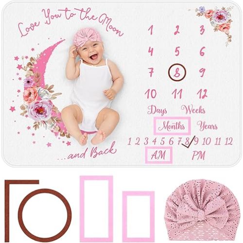 Baby Monthly Milestone Blanket, 51"x40" Newborns Month Blanket Gift for Baby Shower, Soft Plush Photo Prop Blanket for Boy&Girl, Newborn Unisex Blankets with Months (Pink)