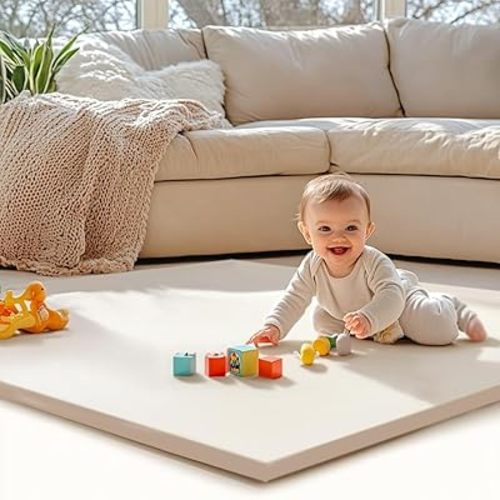 Padded Baby Play Mat for Floor: 50x50 Extra Thicker Cushioned Non-Toxic Vegan Leather Waterproof Infant Playmat for Babies Toddlers Kids Crawling Sit Play - Fits 47x47and 50x50 Playpen Yard Beige