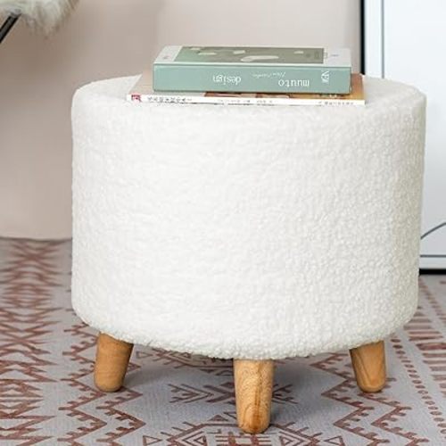 ‌Modern Round Stool with Wood Legs, Faux Fur Replaceable Seat Cover, Round Footrest with Non-Skid Wood Legs, Foot Rest for Living Room Accent, 15.35" Dx15.35 Wx13.38 H, White