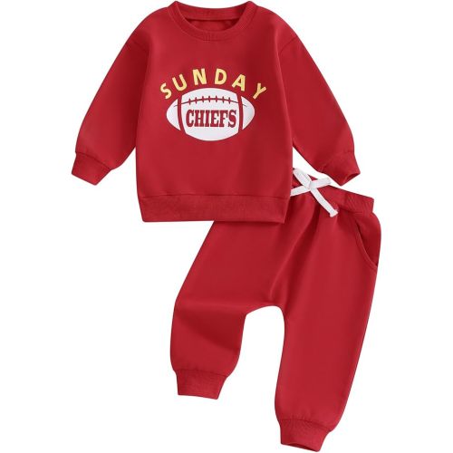 Toddler Baby Boy Girl Football Outfit Sunday Football Chiefs Sweatshirt Pants Set 2Pcs Fall Winter Clothes - Red B - 6-12 Months