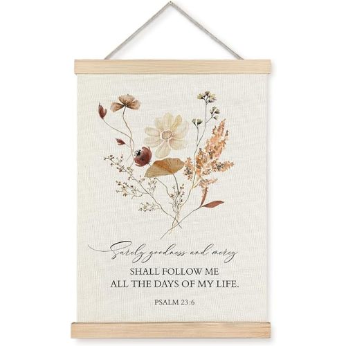Supwhd Boho Floral Wall Art with Wooden Poster Hanger, Goodness and Mercy Shall Follow Me Poster, Christian Home Decor, 16x24 Inch