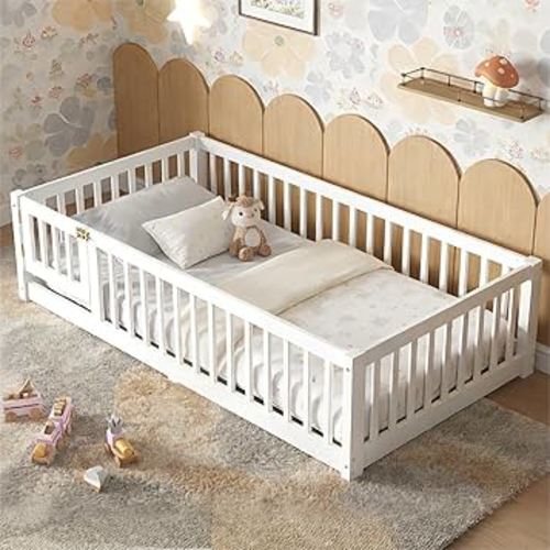Bellemave Montessori Twin Floor Bed Frame with Fence and Removable Door, Low Profile Twin Size Montessori Bed Frame for Kids, Solid Wooden Floor Beds with Slats for Bedroom,Nursery, White