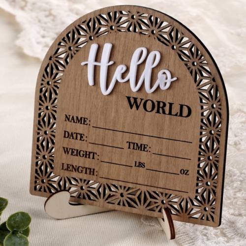 Bleed Proof Engineered Wood, 5.5 Inch Wooden Birth Announcement Sign with Easel Stand, 3D Arcylic Hello Sign, Newborn Announcement Plaque for Girl Boy Photo Prop Baby Shower Nursery Hospital - Rustic