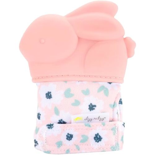 Itzy Ritzy Silicone Teething Mitt - Soothing Infant Teething Mitten with Adjustable Strap, Crinkle Sound & Textured Silicone to Soothe Sore & Swollen Gums - Baby Teething Toy for 3 Mos & Up, Bunny