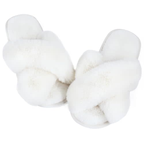 Ankis Womens Fuzzy Memory Foam Slippers Cross Band Cozy Plush Home Slippers Fluffy Furry Open Toe House Shoes Indoor Outdoor Slide Slipper