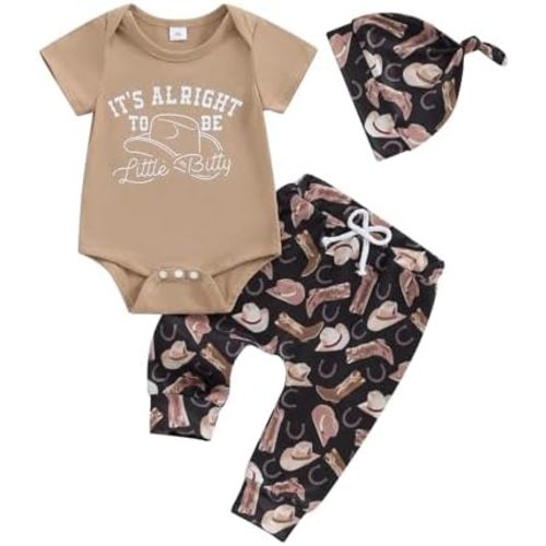 Baby Boy Western Clothes Cowboy Letter Short Sleeve Romper Cowboy Boots Hat Pattern Pant Newborn 3Pcs Country Outfit