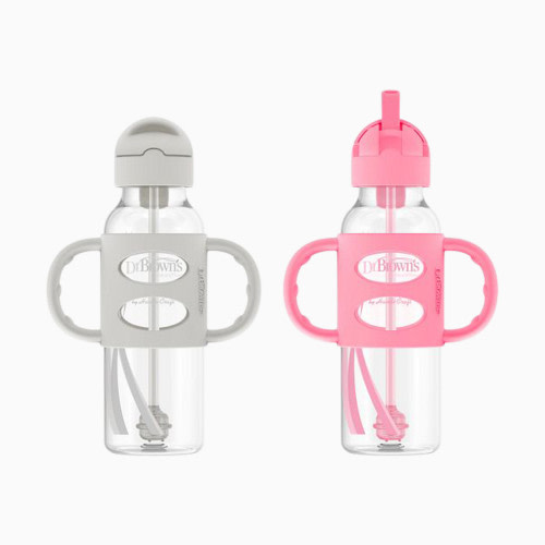 Dr. Brown's Narrow SIPPY STRAW Bottle 3/Silicone Handles - Gray & Pink, 8 Oz, 2