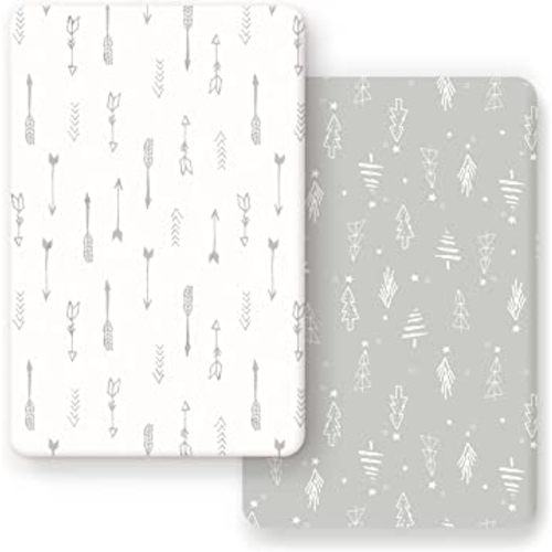 GRSSDER Stretchy Ultra Soft Jersey Knit Fitted Pack n Play Sheets Set 2 Pack, Portable/Mini Crib Sheets, Christmas Trees and Arrows for Girls and Boys