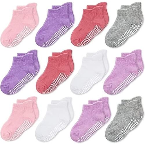 CozyWay Baby & Toddler Socks with Grippers Non Slip Ankle Grip Socks For Boys and Girls - Comfy Soft Cotton - 12 Pack