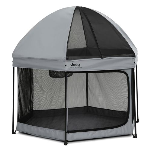 Jeep Hexagon Pop Up Play Yard with Removable Canopy | Ideal for Indoor and Outdoor Use, Grey