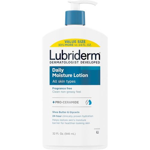 Lubriderm Value-Size Daily Moisture Lotion + Pro-Ceramide with Shea Butter & Glycerin Moisturizes Dry Skin, Hydrating Face, Hand & Body Lotion is Lightly Scented & Non-Greasy, 32 fl. oz