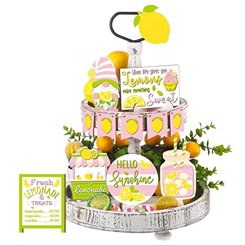 Hoolerry 12 Pcs Lemon Tiered Tray Decor Summer Gnome Fresh Lemonade Wooden Standing Sign Rustic Farmhouse Decorative Tray Lemon Wood Blocks for Kitchen Home Table Decor