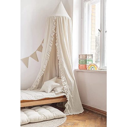 Bed Canopy with Frills Reading Nook Game Tent for Kids Boho Hanging Net Play Room Decor(Beige)