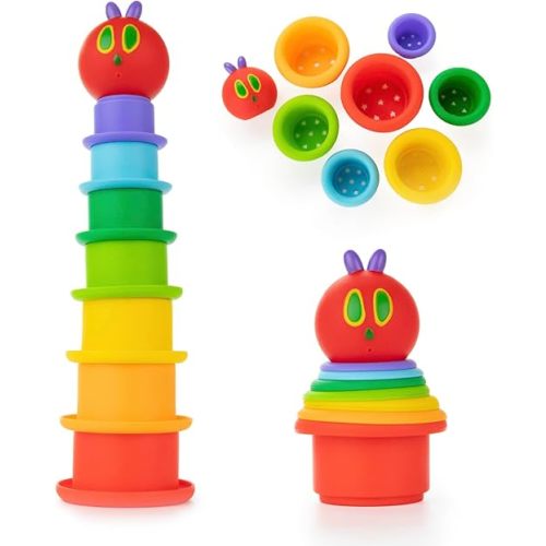 Kids Preferred World of Eric Carle The Very Hungry Caterpillar Bath Time Silicone Stacking Cup Set with Caterpillar Head Squirty Perfect for Water Play Ages 18 Months and Up