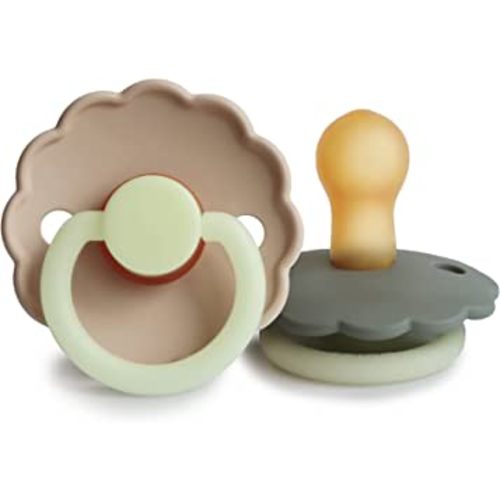 FRIGG Daisy Night Natural Rubber Baby Pacifier | Made in Denmark | BPA-Free (Portobello/Croissant, 0-6 Months) 2-Pack