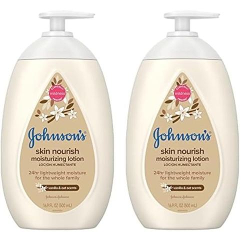 Johnson's Baby Skin Nourish Moisturizing Baby Lotion for Dry Skin with Vanilla & Oat Scents, Gentle & Lightweight Body Lotion for The Whole Family, Hypoallergenic, Dye-Free, 16.9 fl. oz (Pack of 2)