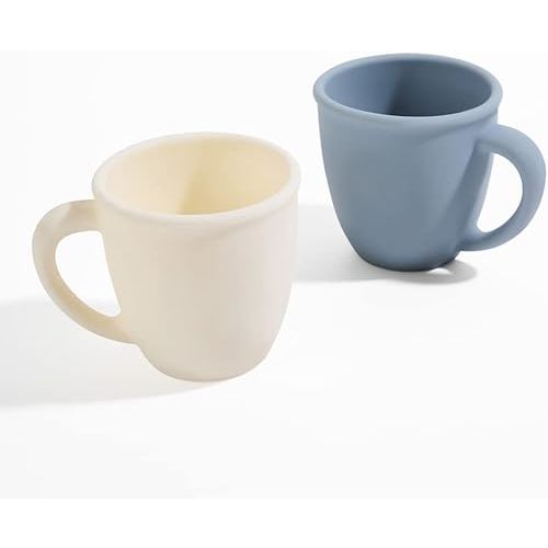 2 Pack Silicone Training Cups for Baby and Kids, Toddler Learning Cups with Handles, BPA Free, Microwave and Dishwasher (White & Grey Blue)