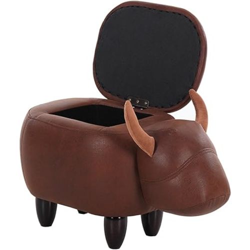 OLizee® Decorative Buffalo Storage Ottoman Footstool Cute Animal Upholstered Stool for Kids Wooden Accent Footrest, Brown PU