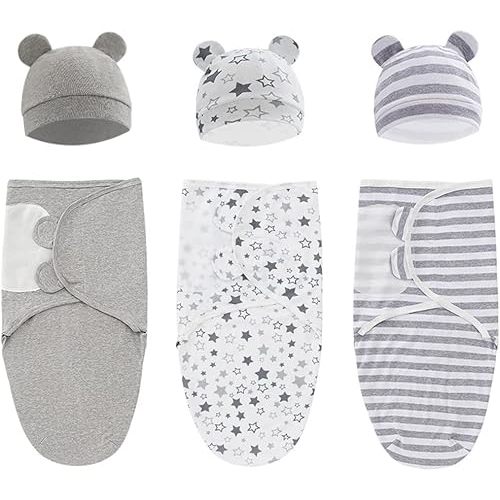 Baby Swaddle Sleep Sack with Hat Set for 0-3 months 3-Pack Soft Cotton Newborn Wearable Swaddle Wrap for Girls Boys