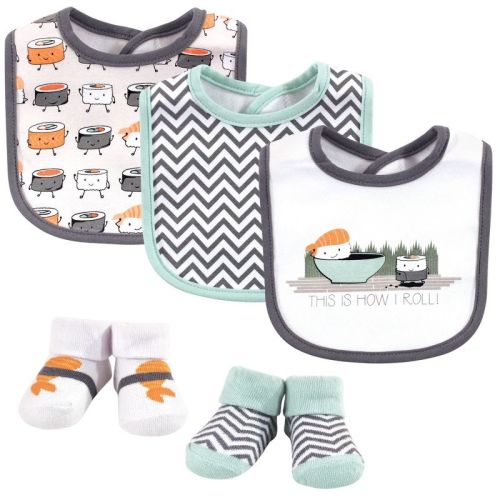 Hudson Baby Infant Boy Cotton Bib And Sock Set 5pk, Sushi, One Size