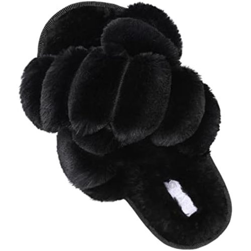 JIASUQI Women's Open Toe Slippers Fuzzy Fluffy House Slippers for Women Cozy Criss Cross Furry Slides Slippers