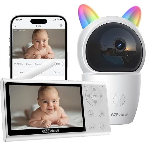 Video Baby Monitor with Camera and Audio, 2K Baby Monitor WiFi Smartphone with Night Vision, Pan-Tilt-Zoom via 4.3" Screen and APP, Cry/Motion Detection, 2-Way Audio