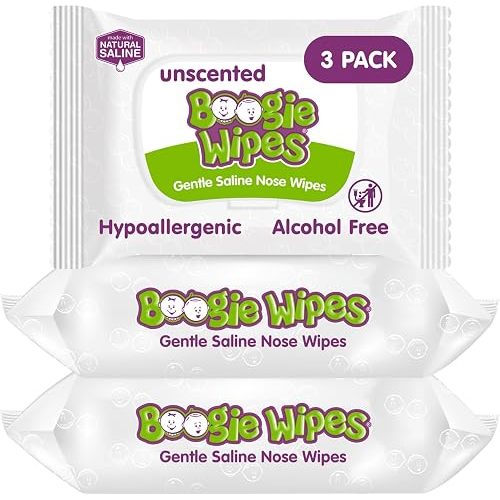 Boogie Wipes Saline Nose Wipes - 90 Count - Unscented, Hypoallergenic & Alcohol-Free - Allergy Relief - Made with Natural Saline, Aloe, Chamomile & Vitamin E - Diaper Bag Essential