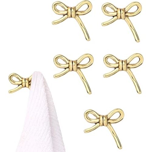 Indian Shelf 6 Pieces Aluminium Gold Decorative Bow Wall Hooks Nursery Kids Tie Coat Rack Wall Mount Vintage Coat Hooks for Hanging Coats, Tie, Towels, Bags, Purse & More