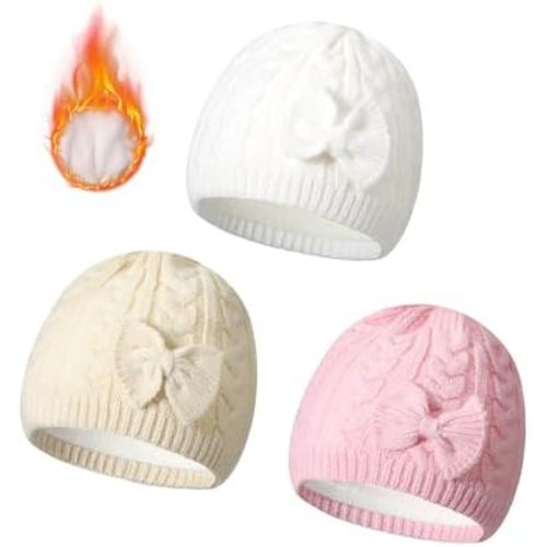 SATINIOR 3 Pieces Fleece Lined Baby Beanie with Bow, Infant Newborn Toddler Kids Winter Warm Knit Cap for Boys Girls