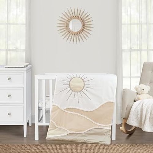 Sweet Jojo Designs Boho Desert Sun Taupe Boy Girl Gender Neutral Unisex Baby Mini Crib Bedding Set Infant Nursery Room Newborn Blanket Portable Pack n Play Sheets 3pc Beige Ivory Bohemian Sun Mountain