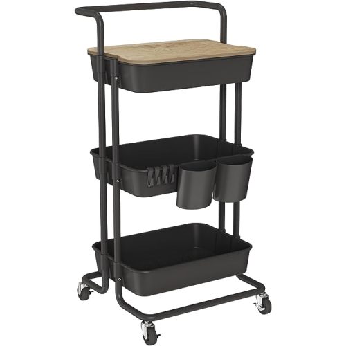 DTK 3 Tier Rolling Cart Uility Cart with Cover Board, Mobile Storage Cart with Wheels, Cups, Hooks for Office Utility Kitchen Bathroom Homeschool Art Craft Postpartum Teacher Cart Organizer(Black)