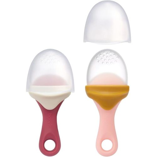 Boon Pulp Silicone Baby Fruit Feeder - Soft Silicone Baby Feeding Set - Fruit and Vegetable Baby Led Weaning Supplies - Baby Feeding Essentials - Orange/Mauve and White/Mauve- 2 Count