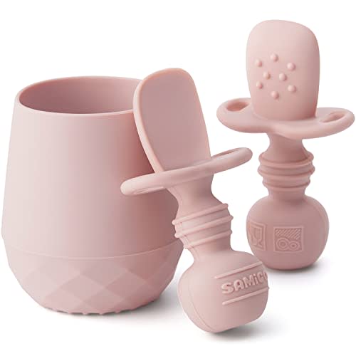 SAMiGO Silicone Baby Utensils - Self Feeding Spoons and Tiny Training Cup - First Stage Baby Led Weaning Supplies for 6 Months+ Infants - Set of 3