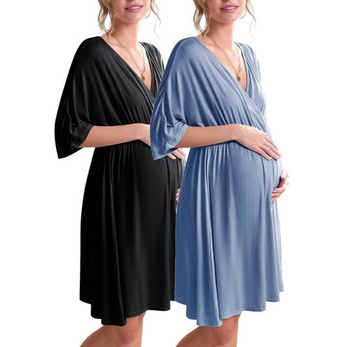 Ekouaer 3 in 1 Labor/Delivery/Hospital Gown 2 Pack Maternity Dress Nursing Nightgown Sleepwear