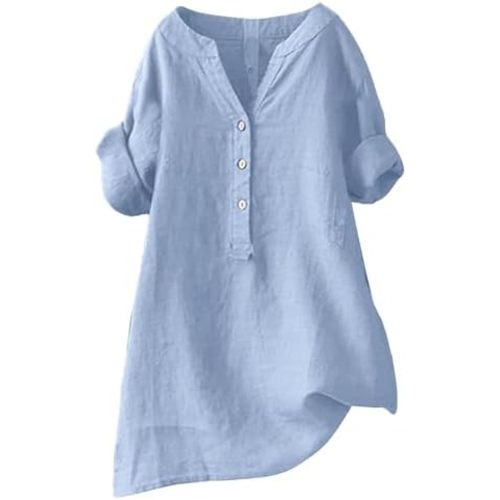 Cotton Linen Shirts for Women 2024 Buttons V Neck Long Sleeve Tops Summer Trendy Blouses Casual Loose Tunic Tops