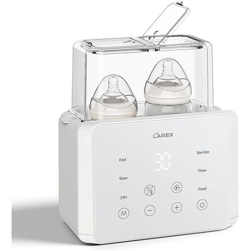 LAREX Double Bottle Warmer, 11-in-1 Fast Baby Bottle Warmer for Breastmilk and Formula, with Timer, Fits 2 Bottles, Accurate Temp Control, Milk Warmer with Thaw, Steri-lizing, Keep Warm, Heat Food