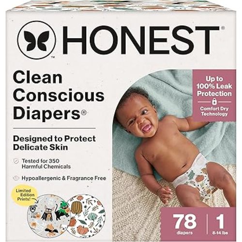The Honest Company Clean Conscious Diapers for Delicate Skin | Up to 100% Leakproof | Hypoallergenic, Fragrance Free | Fall '25 Limited Edition Prints | Club Box, Size 1 (8-14 lbs), 78 Count
