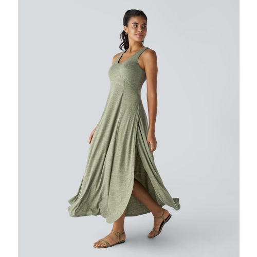 U Neck Backless Split Flowy Maxi Casual Tank Dress