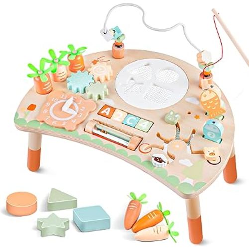 Activity Table for 1+ Year Old, 9-in-1 Montessori Wooden Sensory Table with Shape Sorter Fishing Game Bead Maze, Baby Activity Center Toy Learning Toys for Toddler 12-18 Months