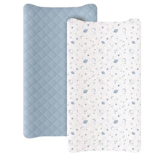 Konssy Waterproof Muslin Changing Pad Cover 2 Pack, Quilted Cotton Fitted Diaper Changing Table Cover, Soft Changing Pad Sheets for Girls Boys (Star,Blue)