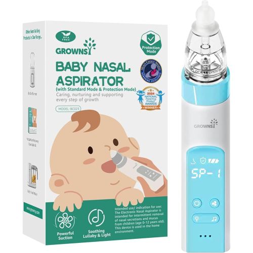 GROWNSY Nasal Aspirator for Baby with Protection Mode, Electric Nose Suction for Baby, Automatic Baby Nose Sucker with 3 Silicone Tips, Adjustable Suction Level, Music and Light Soothing Function