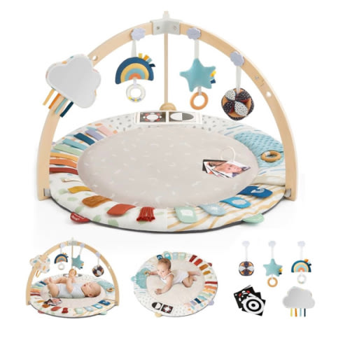 Blissful Diary Baby Play Gym & Activity Mat, 5 Developmental Zones Wooden Tummy Time Mat with 5 Detachable Sensory Toys for Motor Skills & Sensory Development, Baby Essentials Shower Gift