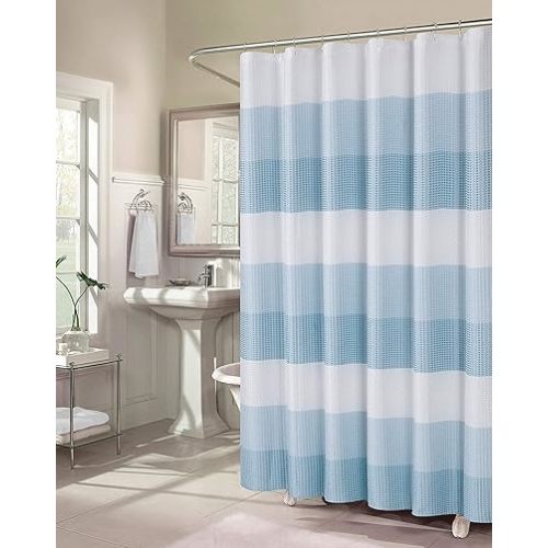 Dainty Home Waffle Weave Waterproof Shower Curtains for Bathroom, Blue 70 icnhes, Extra Long Shower Curtain, Waterproof Fabric 12 Roller Ball Hooks