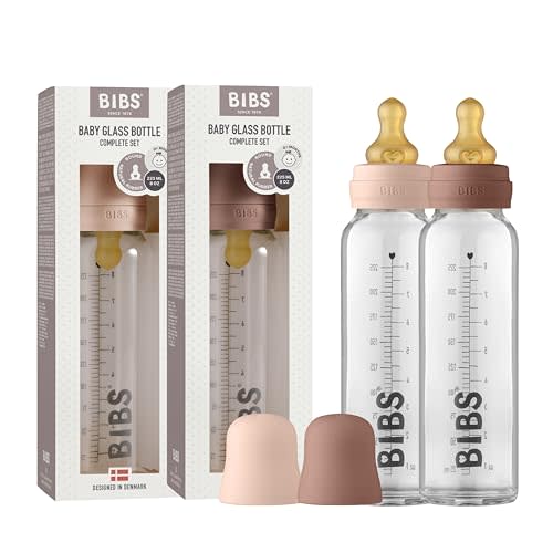 BIBS Glass Bottle, 7.6 oz/225 ml, 2-Pack, Blush/Woodchuck | Borosilicate Glass | Anti-Colic | BPA-Free | Dishwasher Safe | Supports Natural Feeding