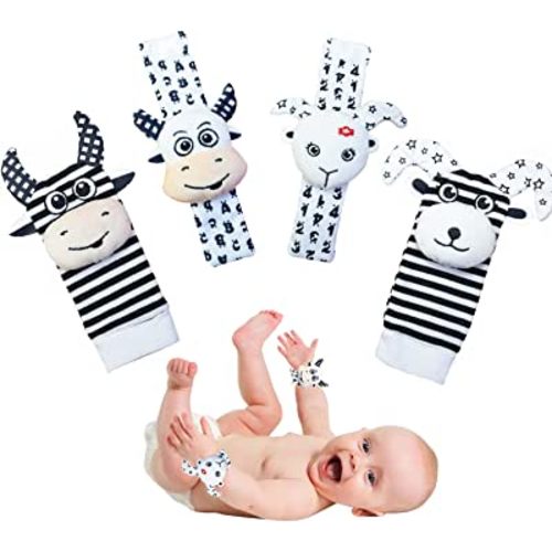 Baby Wrist Rattles Foot Finder Rattle Socks for Babies 3 6 18 Months Black and White High Contrast Baby Infant Soft Sensory Toys for Newborn Baby Mittens Gift for Boy Girl Bebe