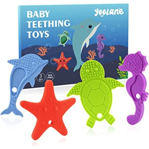 Yoolane® Baby Teether [Original] Silicone Teehing Toys for Babies - Ocean Sea Animals Teething Relief Chew Toy BPA Free | Stuff & Essential & Gift for Toddler Infant Boy Girl 3+ Months | 4 Pieces