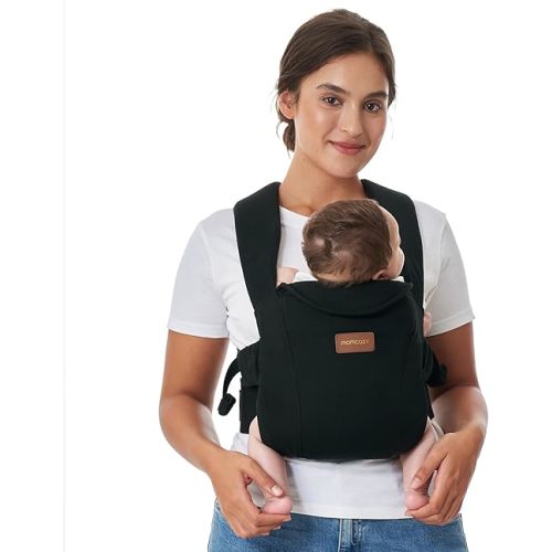 Momcozy Newborn Carrier WeeSnug- Lightweight and Cozy Comfort for 7-25 lbs, Ergonomic Cross-Back Support, Effortless to Put On, Hands-Free Baby Carrier with Lumbar Support, Black
