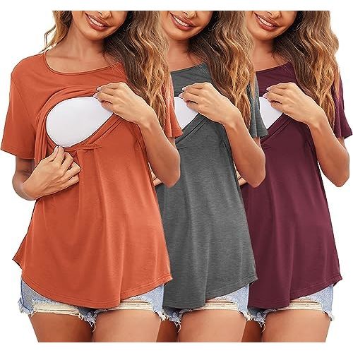 Ekouaer Women's Maternity Shirts Short Sleeves Nursing Tops 3 Pack Double Laye Breastfeeding Tees Pregnancy Clothes S-XXL