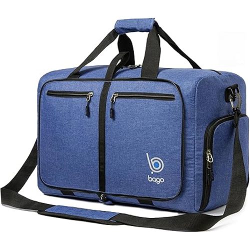 Bago Foldable Duffel Bags for Traveling Women & Men - 40L Sports Packable Duffle Bag for Travel with Shoe Compartment - Water Repellant, Heavy Duty, Lightweight Folding & Collapsible (SnowDepBlue)