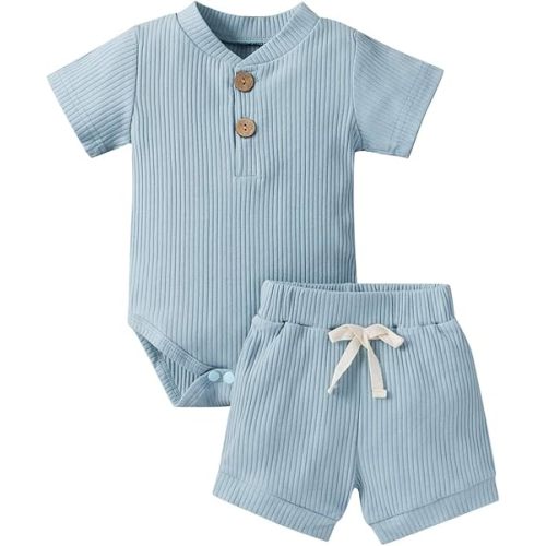 Ledy Champswiin Summer Newborn Baby Boy Girl Clothes Set Ribbed Outfits Unisex Infant Solid Short Sleeve Tops Shorts 2PCS